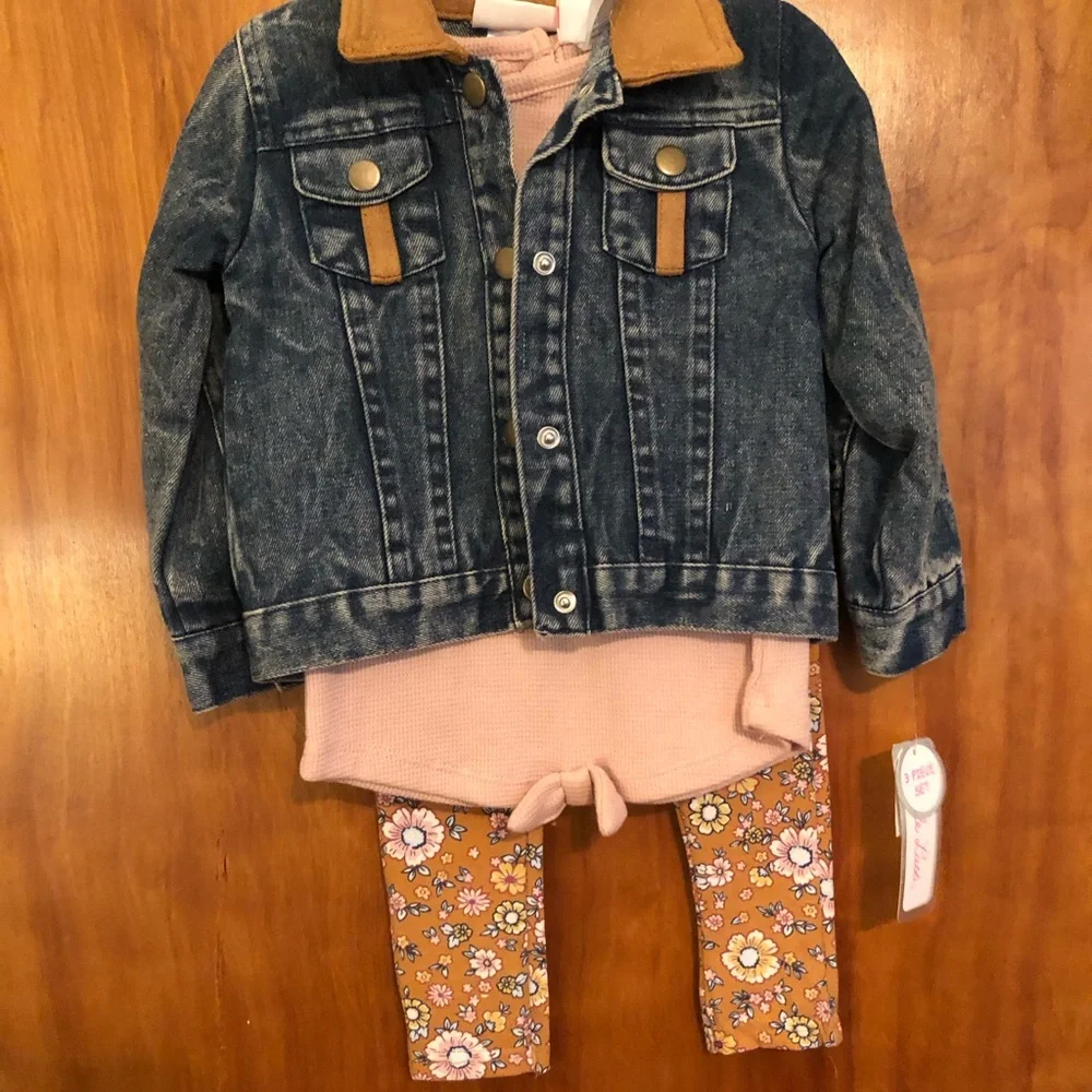 Little Lass Pink Top with Mustard Floral Leggings Set - Picture 2 of 3